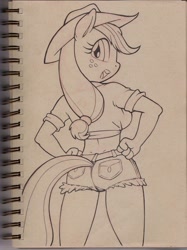 Size: 1196x1600 | Tagged: safe, artist:bhawk, applejack, anthro, applebutt, ass, clothes, cowboy hat, daisy dukes, front knot midriff, hand on hip, hat, looking at you, looking back, looking back at you, midriff, rear view, shorts, sketch, solo, stetson, traditional art