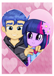 Size: 1600x2265 | Tagged: safe, artist:jucamovi1992, flash sentry, twilight sparkle, better together, equestria girls, alternate hairstyle, female, flashlight, flower, heart, male, shipping, smiling, straight