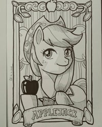 Size: 1024x1281 | Tagged: safe, artist:gensokishidan, part of a set, applejack, earth pony, pony, apple, bust, clothes, food, ink drawing, looking at you, monochrome, name, old banner, portrait, solo, traditional art