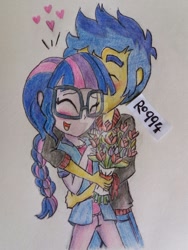 Size: 1024x1365 | Tagged: safe, artist:ro994, flash sentry, sci-twi, twilight sparkle, equestria girls, alternate hairstyle, female, flashlight, flower, glasses, heart, kissing, male, sciflash, shipping, smiling, straight, traditional art