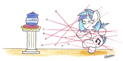 Size: 1726x854 | Tagged: safe, artist:bobthedalek, dj pon-3, vinyl scratch, pony, unicorn, cookie jar, cushion, laser, podium, security, solo, this will end in tears