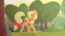 Size: 2560x1440 | Tagged: safe, artist:eleamorbid, applejack, earth pony, pony, bats!, apple tree, bow, hair bow, scene interpretation, solo, tail bow, tree