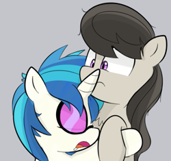 Size: 635x596 | Tagged: safe, artist:lance, dj pon-3, octavia melody, vinyl scratch, earth pony, pony, unicorn, chest fluff, drool, eyes closed, female, gray background, hug, lesbian, mare, open mouth, scratchtavia, shipping, shrunken pupils, simple background, sleeping, unicorn problems