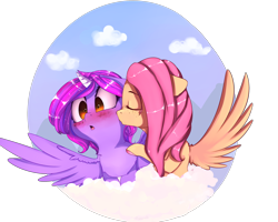 Size: 2500x2000 | Tagged: dead source, safe, artist:miokomata, fluttershy, oc, oc:dazzling talents, alicorn, pegasus, pony, alicorn oc, blushing, canon x oc, cloud, female, freckles, kissing, lesbian, mare, not twilight sparkle, simple background, sky, transparent background