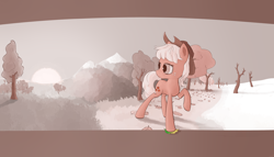 Size: 5000x2865 | Tagged: safe, artist:re7natus, applejack, earth pony, pony, absurd resolution, autumn, leaf, mountain, raised hoof, solo, sunset, tree