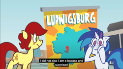 Size: 1366x768 | Tagged: safe, artist:crikeydave, screencap, dj pon-3, vinyl scratch, oc, oc:canni soda, earth pony, pony, unicorn, background pony, badass, duo, female, galacon, galacon 2014, germany, ludwigsburg, map, mare, mascot, meme, squishy cheeks, sunglasses, vinyl and canni go to galacon '14, vinyl's glasses, youtube caption, youtube link