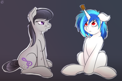 Size: 1800x1200 | Tagged: safe, artist:capseys, dj pon-3, octavia melody, vinyl scratch, earth pony, pony, unicorn, backwards cutie mark, bandaid, colored pupils, cork, critical hug failure, female, floppy ears, gradient background, horn guard, implied horn impalement, injured, mare, messy mane, open mouth, protection, red eyes, sitting, unicorn problems, wrong eye color