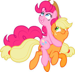 Size: 1551x1500 | Tagged: safe, artist:storfulsten, applejack, pinkie pie, earth pony, pony, accessory swap, applepie, female, lesbian, ponies riding ponies, shipping, simple background, transparent background