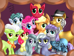 Size: 1600x1200 | Tagged: safe, artist:katakiuchi4u, apple bloom, applejack, big macintosh, cloudy quartz, granny smith, igneous rock pie, limestone pie, maud pie, pinkie pie, earth pony, pony, season 7, countdown to season 7, group photo, male, pie family, pie sisters, quartzrock, siblings, sisters, smiling