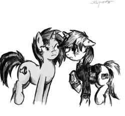 Size: 1072x1000 | Tagged: safe, artist:masterjosh140, oc, oc only, oc:homage, oc:littlepip, pony, unicorn, fallout equestria, black and white, clothes, cutie mark, fanfic, fanfic art, female, floppy ears, grayscale, horn, mare, monochrome, oc x oc, pipbuck, pipmage, raised hoof, shipping, simple background, vault suit, white background
