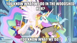 Size: 1920x1080 | Tagged: safe, edit, edited screencap, screencap, discord, princess celestia, princess luna, twilight sparkle, twilight sparkle (alicorn), alicorn, pony, the ending of the end, caption, female, image macro, imminent spanking, leak, male, mare, text, the ghost show, the man they call ghost, true capitalist radio, woodshed