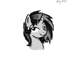 Size: 1144x1000 | Tagged: safe, artist:masterjosh140, oc, oc only, oc:homage, pony, unicorn, fallout equestria, black and white, fanfic, fanfic art, female, grayscale, horn, mare, monochrome, simple background, smiling, solo, white background