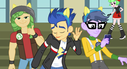 Size: 1485x808 | Tagged: safe, screencap, drama letter, flash sentry, microchips, sandalwood, watermelody, equestria girls, friendship games, cellphone, cropped, derp, end credits, eyes closed, glasses, looking at you, phone, right there in front of me, smartphone, smiling, thumbs up, tongue out