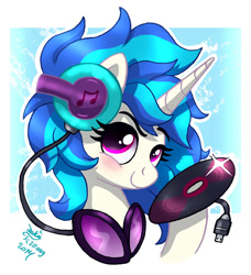 Size: 950x1040 | Tagged: safe, artist:joakaha, dj pon-3, vinyl scratch, pony, unicorn, blushing, bust, female, headphones, hooves, horn, mare, portrait, record, smiling, solo, sunglasses