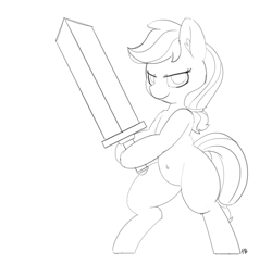 Size: 1280x1245 | Tagged: safe, artist:pabbley, applejack, earth pony, pony, 30 minute art challenge, belly button, bipedal, hoof hold, lidded eyes, looking at you, missing accessory, monochrome, sketch, smiling, smirk, solo, sword, weapon