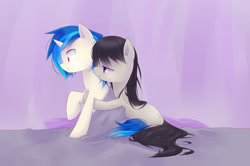 Size: 2300x1525 | Tagged: safe, artist:cyanaeolin, dj pon-3, octavia melody, vinyl scratch, earth pony, pony, bed, blushing, cute, female, hug, lesbian, scratchtavia, shipping, sleepy, tavibetes, vinylbetes