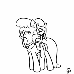 Size: 960x960 | Tagged: safe, artist:whydomenhavenipples, cheerilee, silver spoon, bridle, filly, monochrome, ponies riding ponies, riding