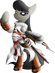 Size: 1314x1738 | Tagged: safe, artist:xeroseis, octavia melody, earth pony, pony, armor, assassin's creed, bipedal, clothes, solo, weapon