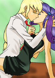 Size: 500x707 | Tagged: safe, artist:eulicious, applejack, rarity, human, clothes, dress, eyes closed, female, humanized, kissing, lesbian, necktie, rarijack, ring, shipping, suit, wedding ring