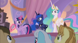 Size: 1364x766 | Tagged: safe, screencap, doctor whooves, princess celestia, princess luna, twilight sparkle, twilight sparkle (alicorn), alicorn, pony, the summer sun setback, audience, curtains, levitation, magic, microphone, speakers, stage, surprised, telekinesis