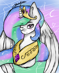 Size: 400x500 | Tagged: safe, artist:krissograph, princess celestia, alicorn, pony, abstract background, blushing, bust, collar, crown, curved horn, ethereal mane, eyebrows visible through hair, female, heart, horn, jewelry, looking at you, mare, necklace, one eye closed, regalia, solo, starry mane