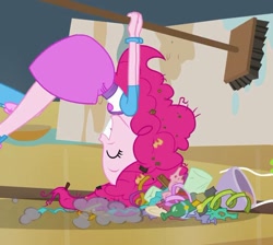 Size: 665x597 | Tagged: safe, screencap, pinkie pie, equestria girls, equestria girls (movie), dirty, pinkie being pinkie, silly, silly human, solo, trash