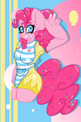 Size: 664x996 | Tagged: safe, artist:x3nv, pinkie pie, anthro, apron, blushing, clothes, confetti, confetti in mane, dress, food, frosting, hoof hands, solo