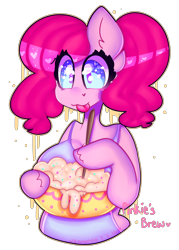 Size: 2500x3500 | Tagged: safe, artist:bunxl, pinkie pie, anthro, earth pony, :3, arm hooves, baking, batter, big breasts, breasts, cake batter, female, simple background, solo, tongue out, transparent background