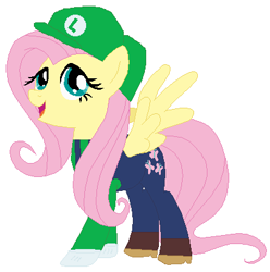 Size: 401x405 | Tagged: safe, artist:selenaede, artist:user15432, fluttershy, pegasus, pony, barely pony related, base used, cap, clothes, crossover, gloves, green hat, hat, luigi, luigi's hat, luigishy, my little pony, nintendo, overalls, shirt, shoes, super mario bros., super smash bros., undershirt