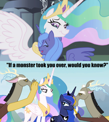 Size: 1280x1440 | Tagged: safe, edit, edited screencap, screencap, discord, princess celestia, princess luna, alicorn, draconequus, pony, the ending of the end, leak, s1 luna