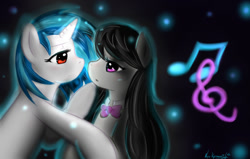 Size: 1307x829 | Tagged: safe, artist:nyukyosumi213, dj pon-3, octavia melody, vinyl scratch, earth pony, pony, unicorn, black mane, female, gray coat, horn, mare, two toned mane, white coat