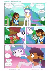 Size: 5784x8176 | Tagged: safe, artist:jeremy3, princess celestia, oc, oc:miss becky, alicorn, earth pony, pony, comic:everfree, comic:everfree my friend, bandage, bush, cast, clothes, comic, school, tree