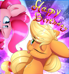 Size: 2600x2800 | Tagged: safe, artist:madacon, applejack, pinkie pie, earth pony, pony, color porn, cute, female, freckles, happy birthday, jackabetes, mare, one eye closed, tongue out, wink