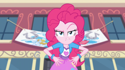 Size: 1912x1072 | Tagged: safe, edit, edited screencap, screencap, pinkie pie, dance magic, equestria girls, spoiler:eqg specials, banner, inverted mouth, raised eyebrow, solo