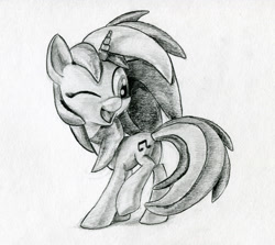 Size: 1209x1080 | Tagged: safe, artist:gezawatt, dj pon-3, vinyl scratch, pony, unicorn, happy, monochrome, pencil drawing, solo, traditional art