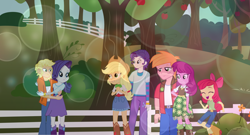 Size: 2292x1238 | Tagged: safe, artist:hectorcabz, apple bloom, applejack, applejack (male), big macintosh, cheerilee, elusive, rarity, equestria girls, apple tree, applelusive (straight), boots, bracelet, clothes, cowboy boots, cowboy hat, denim, denim skirt, equestria guys, eyes closed, female, fence, flower, freckles, half r63 shipping, hand on hip, hat, male, open mouth, pants, raised leg, rarijack (straight), rule 63, shipping, shorts, skirt, stetson, straight, tree