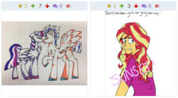 Size: 435x240 | Tagged: safe, artist:ficklepickle9421, flash sentry, sunset shimmer, twilight sparkle, twilight sparkle (alicorn), alicorn, series:sunlightsentry weekly, boop, derpibooru, eyes closed, female, flashlight, implied flashimmer, implied lesbian, implied shipping, implied straight, implied sunsetsparkle, juxtaposition, lined paper, male, meta, noseboop, nuzzling, shipping, straight, traditional art