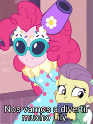 Size: 807x1079 | Tagged: safe, edit, edited screencap, screencap, lily pad (equestria girls), pinkie pie, better together, equestria girls, pinkie sitting, meme, out of context, spanish, translated in the comments, young