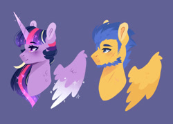 Size: 700x500 | Tagged: safe, artist:kraytt-05, flash sentry, twilight sparkle, twilight sparkle (alicorn), alicorn, pegasus, pony, beard, bust, ethereal mane, facial hair, female, flashlight, floating wings, male, mare, purple background, scar, shipping, simple background, smiling, stallion, starry mane, straight