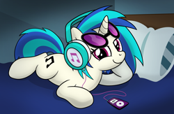 Size: 5176x3376 | Tagged: safe, artist:drawponies, dj pon-3, vinyl scratch, pony, unicorn, bed, headphones, looking at you