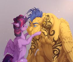 Size: 1900x1600 | Tagged: safe, artist:rossignolet, flash sentry, twilight sparkle, twilight sparkle (alicorn), alicorn, pegasus, pony, buff, female, flash hunktry, flashlight, male, mare, muscles, shipping, stallion, straight, tattoo, torn ear