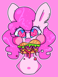 Size: 3000x4000 | Tagged: safe, artist:bunxl, pinkie pie, earth pony, pony, burger, dripping, food, hamburger, heart eyes, nom, solo, wingding eyes