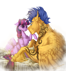 Size: 1300x1400 | Tagged: safe, artist:rossignolet, flash sentry, twilight sparkle, twilight sparkle (alicorn), alicorn, pegasus, pony, eye contact, female, flash hunktry, flashlight, looking at each other, male, mare, shipping, size difference, stallion, straight, tattoo