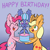 Size: 1280x1280 | Tagged: safe, artist:yakoshi, applejack, pinkie pie, oc, oc:sapphire lollipop, earth pony, pony, cake, ear fluff, food, happy birthday, impossibly large ears