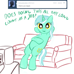 Size: 800x800 | Tagged: safe, artist:cheshiresdesires, lyra heartstrings, pony, unicorn, ask, ask lyra, dialogue, looking at you, simple background, sitting, sitting lyra, smiling, sofa, solo, television, tumblr, white background