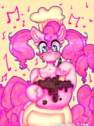 Size: 3000x4000 | Tagged: safe, artist:bunxl, pinkie pie, anthro, earth pony, alternate hairstyle, apron, arm hooves, baking, batter, breasts, cake batter, chef's hat, clothes, female, frazzled hair, hat, pinkie pies, solo