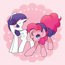 Size: 1200x1200 | Tagged: safe, artist:kkmrarar, pinkie pie, rarity, earth pony, pegasus, pony, unicorn, blushing, duo, female, lesbian, mare, one eye closed, raripie, shipping, smiling, wink