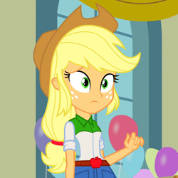 Size: 720x720 | Tagged: safe, screencap, applejack, equestria girls, equestria girls (movie), balloon, cropped, solo