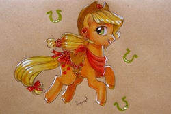 Size: 1280x849 | Tagged: safe, artist:sapraitlond, applejack, earth pony, pony, alternate hairstyle, clothes, dress, flower, flower in hair, smiling, solo, traditional art