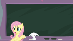 Size: 1600x900 | Tagged: safe, edit, edited screencap, screencap, angel bunny, fluttershy, pegasus, pony, rabbit, school daze, chalk, chalkboard, dexterous hooves, duo, flutter art, insert picture here, meme, template